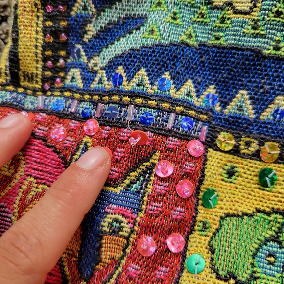 Laurel Burch Dog Patchwork Purse 2 Strap Tote Bag Red Blue Green Colorful Zipper - Picture 9 of 14